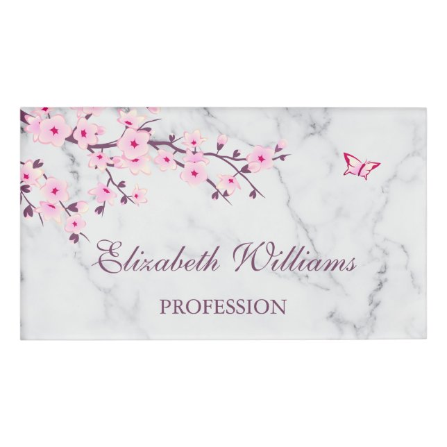 Badge D'identification Fleurs florales de cerisier Marbre gris rose (Devant)