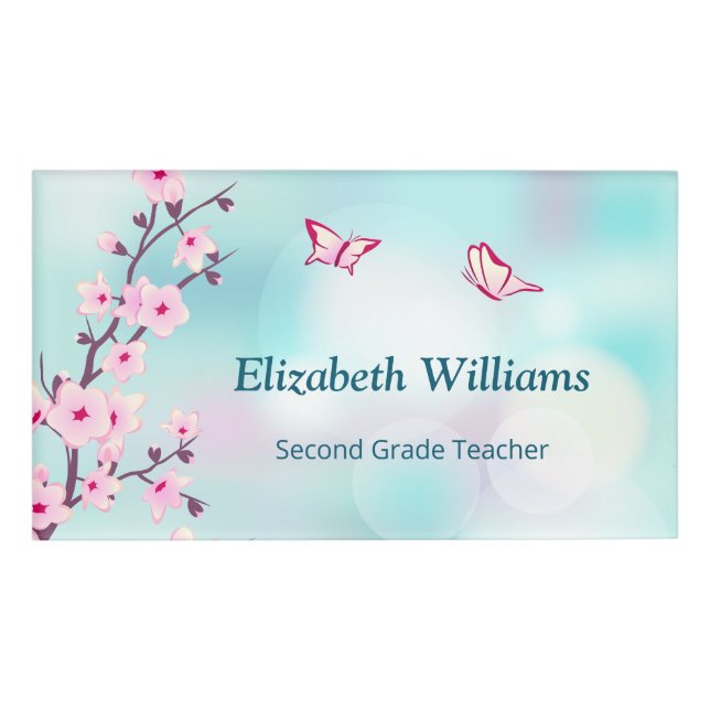 Badge D'identification Floral Cerise Blossoms rose Turquoise Nom de l'ens (Devant)