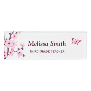 Badge D'identification Floral Fleurs de cerisiers Enseignant rose blanc