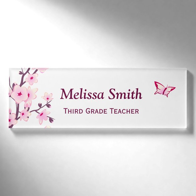 Badge D'identification Floral Fleurs de cerisiers Enseignant rose blanc (Devant)