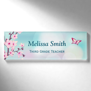 Badge D'identification Floral Fleurs de cerisiers rose Turquoise enseigna