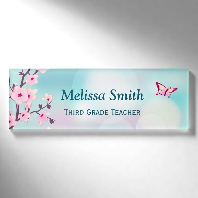 Badge D'identification Floral Fleurs de cerisiers rose Turquoise enseigna (Devant)