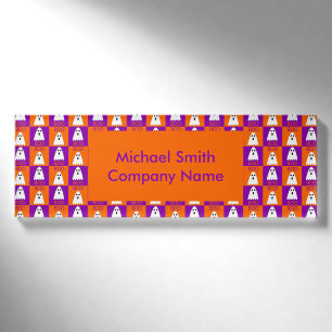 Badge D'identification Halloween Boo Ghost Purple et Carrés orange