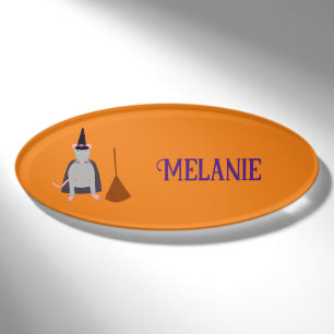 Badge D'identification Halloween Rat sorcier et Broom Nom personnalisé