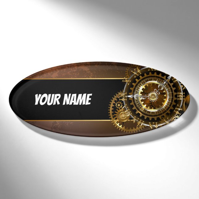 Badge D'identification Horloge Steampunk avec des engrenages anciens (Devant)