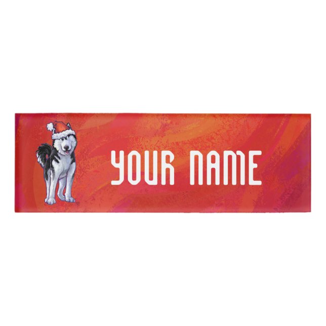 Badge D'identification Husky à Santa Hat Sur Rouge (Devant)