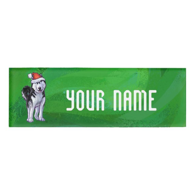 Badge D'identification Husky festif à Santa Hat sur Vert (Devant)