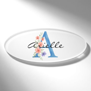 Badge D'identification LETTRE Florale Aquarelle personnalisée Un monogram
