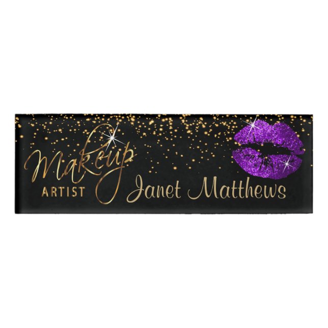 Badge D'identification Lèvres à Parties scintillant violette et or élégan (Devant)