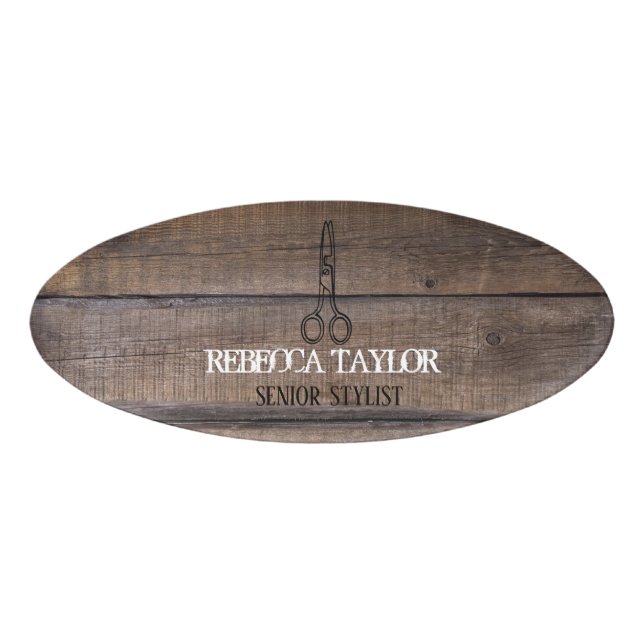 Badge D'identification Logo Salon des ciseaux de bois rustique Indicateur (Devant)