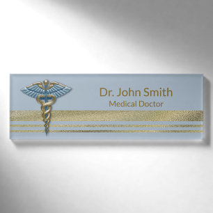 Badge D'identification Médicale Gold Faux Foil Stripes Bleu clair Caduceu