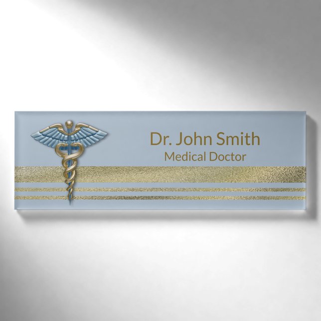 Badge D'identification Médicale Gold Faux Foil Stripes Bleu clair Caduceu (Devant)
