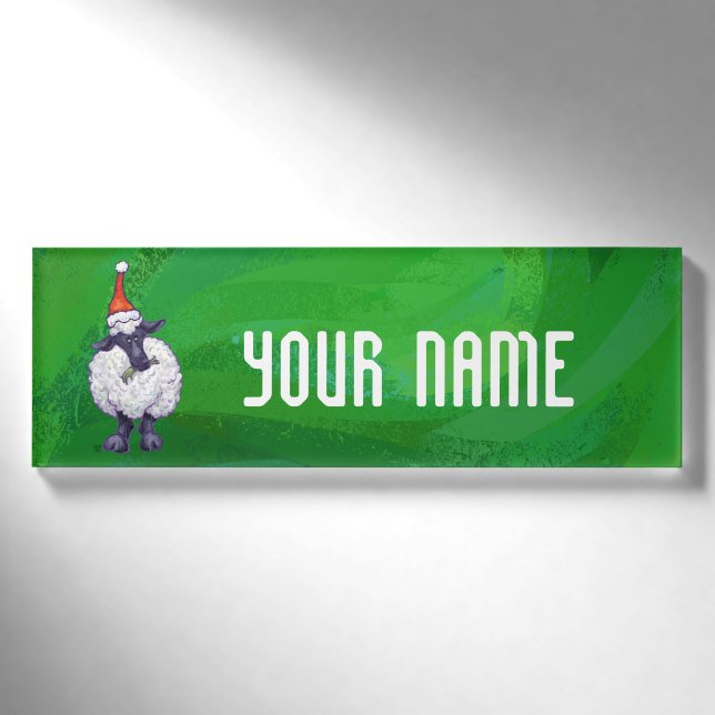 Badge D'identification Mignonne mouton à Santa Chapeau sur vert (Devant)