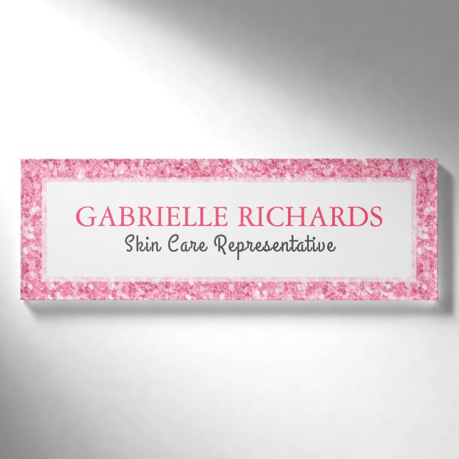 Badge D'identification Modèle de texte Parties scintillant rose Faux (Devant)