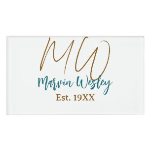 Badge D'identification Monogramme brun bleu turquoise année d'estimation 