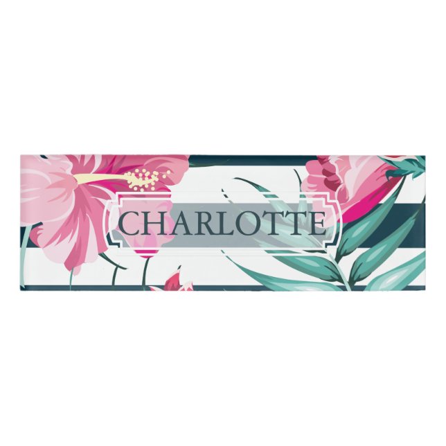 Badge D'identification Monogramme d'été exotique Floral rayé (Devant)