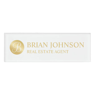 Badge D'identification Monogramme et nom personnalisés blanc et or