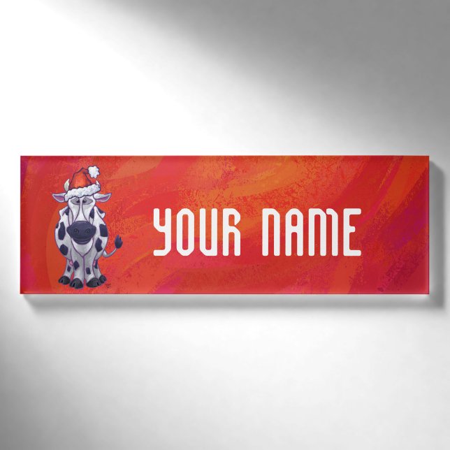Badge D'identification Noël de la vache sur rouge (Devant)