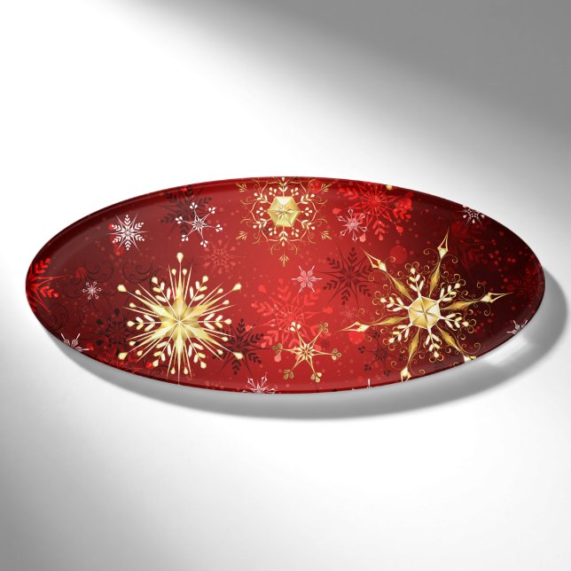Badge D'identification Noël Golden Snowflakes sur Arrière - plan rouge (Devant)