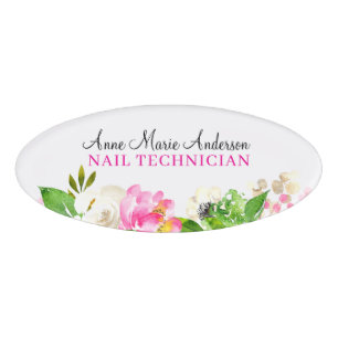Badge D'identification Nom professionnel floral rose blanche élégant