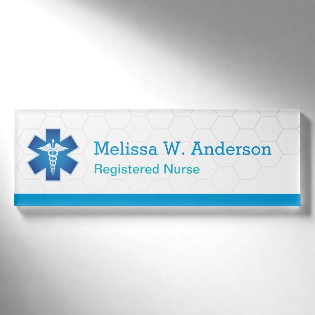 Badge D'identification Nurse Moderne Bleu Blanc Médicale Symbole (Devant)