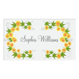 Badge D'identification Orange fleurs japonaises blanches