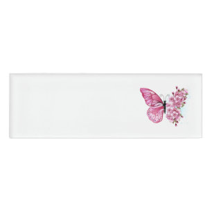 Badge D'identification Papillon à fleurs avec Sakura rose