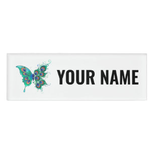 Badge D'identification Papillon aux plumes de paon vert