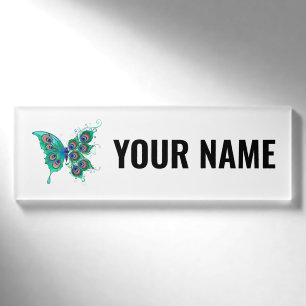 Badge D'identification Papillon aux plumes de paon vert