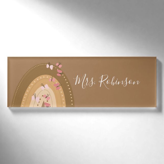 Badge D'identification Papillons arc-en-ciel Script Enseignants Garderie (Devant)