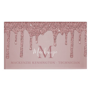 Badge D'identification Parties scintillant rose à goutte d'or Monogramme