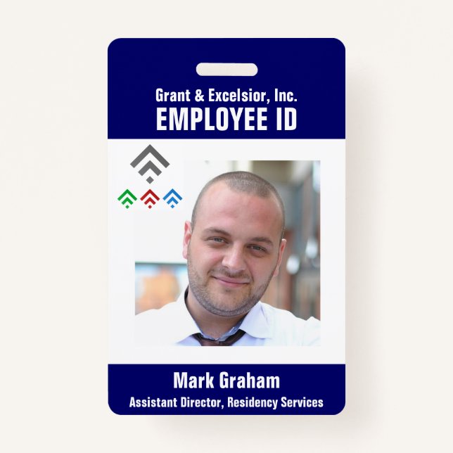 Badge d'identification photo d'employé blanc bleu (Devant)
