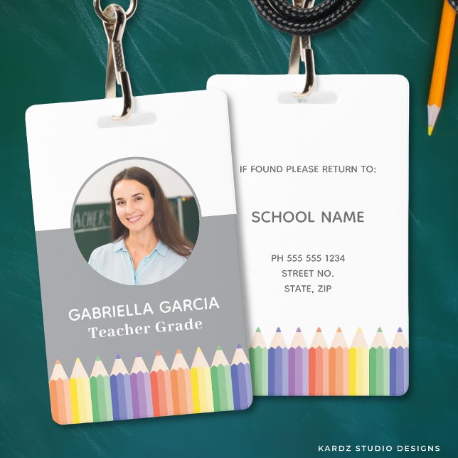 Badge d'identification photo enseignant Arc-en-cie (Front and back are shown. Customize and choose attachment: lanyard, retractable, or metal clip)