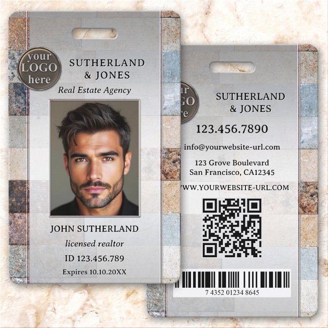 Badge d'identification professionnel de l'agent im (Professional real estate ID badge featuring your photo and logo on an elegant marble brick design.)