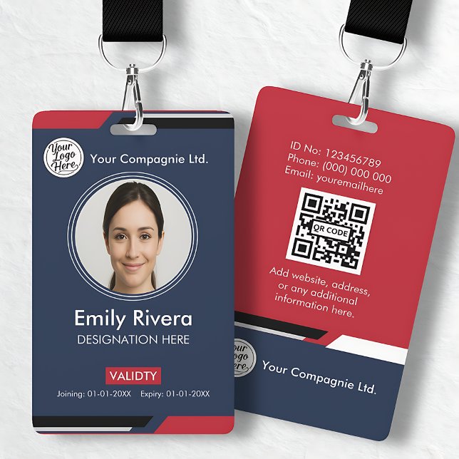 Badge d'identification professionnel de l'employé  (Professional Dark Blue Employee Photo ID Badge)