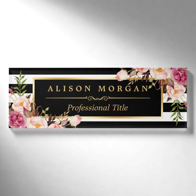 Badge D'identification Rayures blanches noires de emballage florales (Devant)