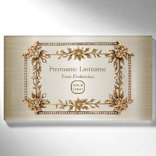 Badge D'identification Rectangle doré Fleurs Dimonées brillantes
