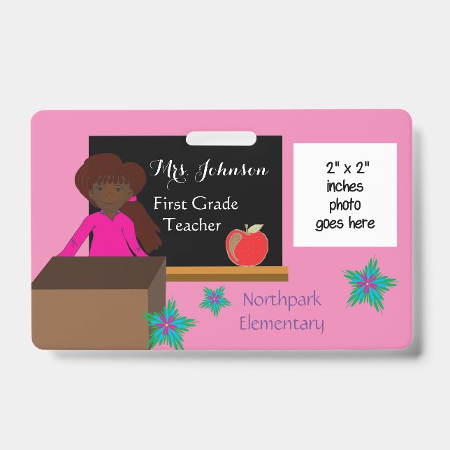 Badge d'identification rose pour enseignant afro-a (Avant)