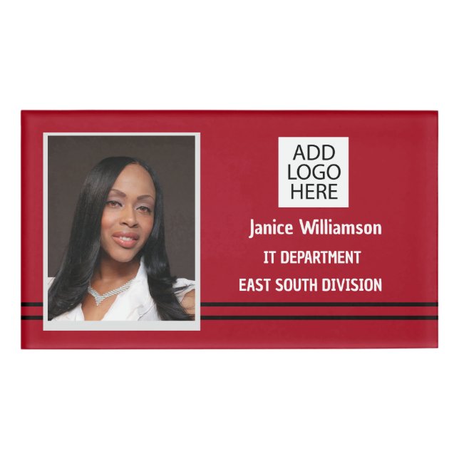 Badge D'identification Rouge avec bandes noires Nom et photo (Devant)