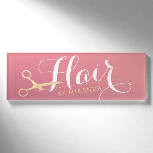 Badge D'identification Salon de maquillage moderne ciseaux d'or rose