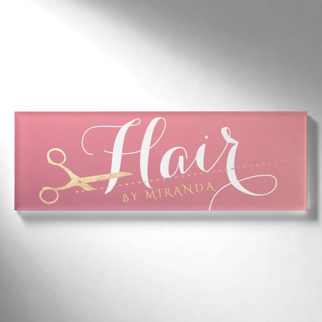 Badge D'identification Salon de maquillage moderne ciseaux d'or rose (Devant)