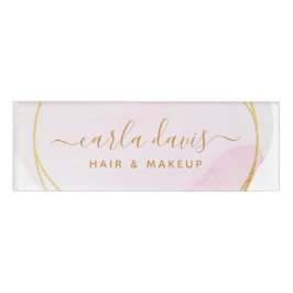 Badge D'identification Signature Script Blush Pink Aquarelle Or Cercle