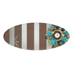 Badge D'identification Steampunk Clock and Turquoise Roses on Striped