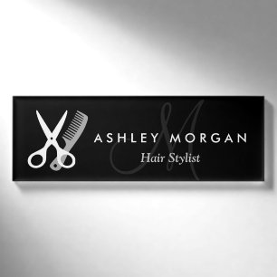 Badge D'identification Styliste de cheveux Salon Black White Ciseaux Mono