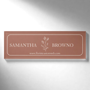 Badge D'identification Terre cuite beige écriture élégante fleur encadrée