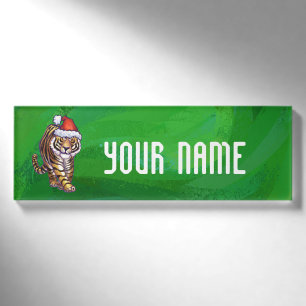 Badge D'identification Tigre mignon à Santa Chapeau en vert