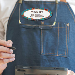 Badge D'identification Turquoise et rouge Floral Local Café Restaurant