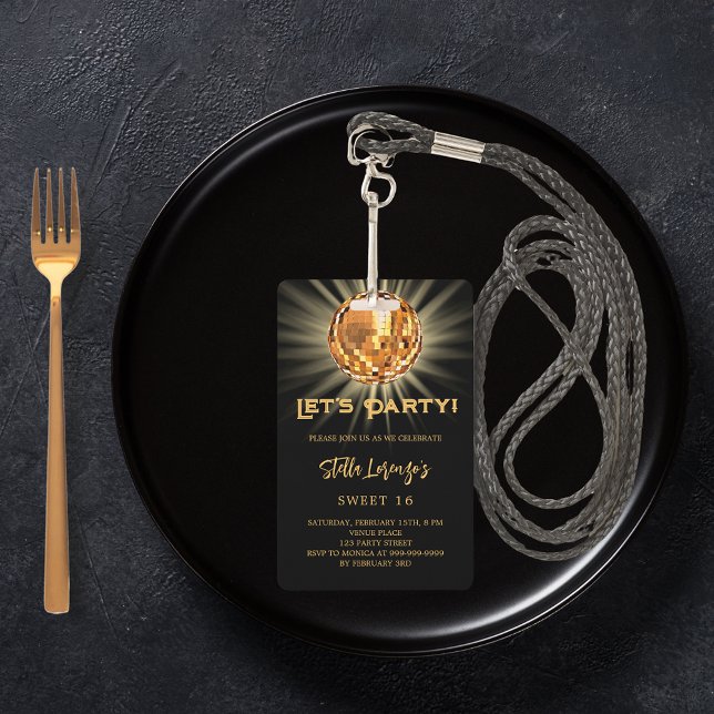 Badge Disco party or noir Sweet 16 invitation (Créateur téléchargé)