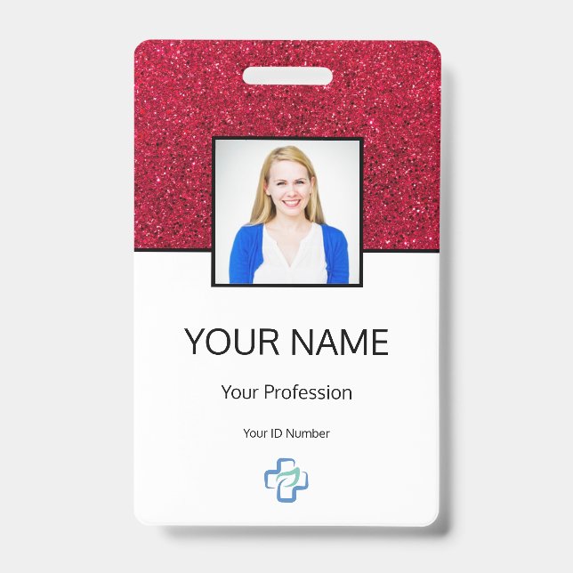 Badge Docteur Photo Logo Typographie Code barre Nom roug (Avant)