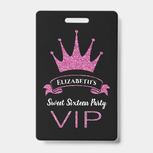Badge Douce Seize Ans Paillettes Rose VIP Personnalisé